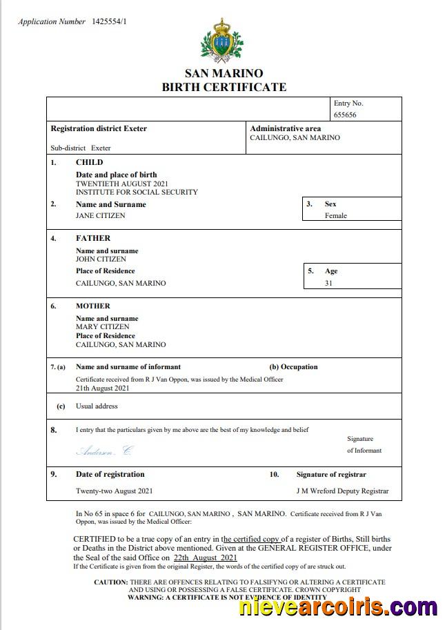 San Marino birth certificate